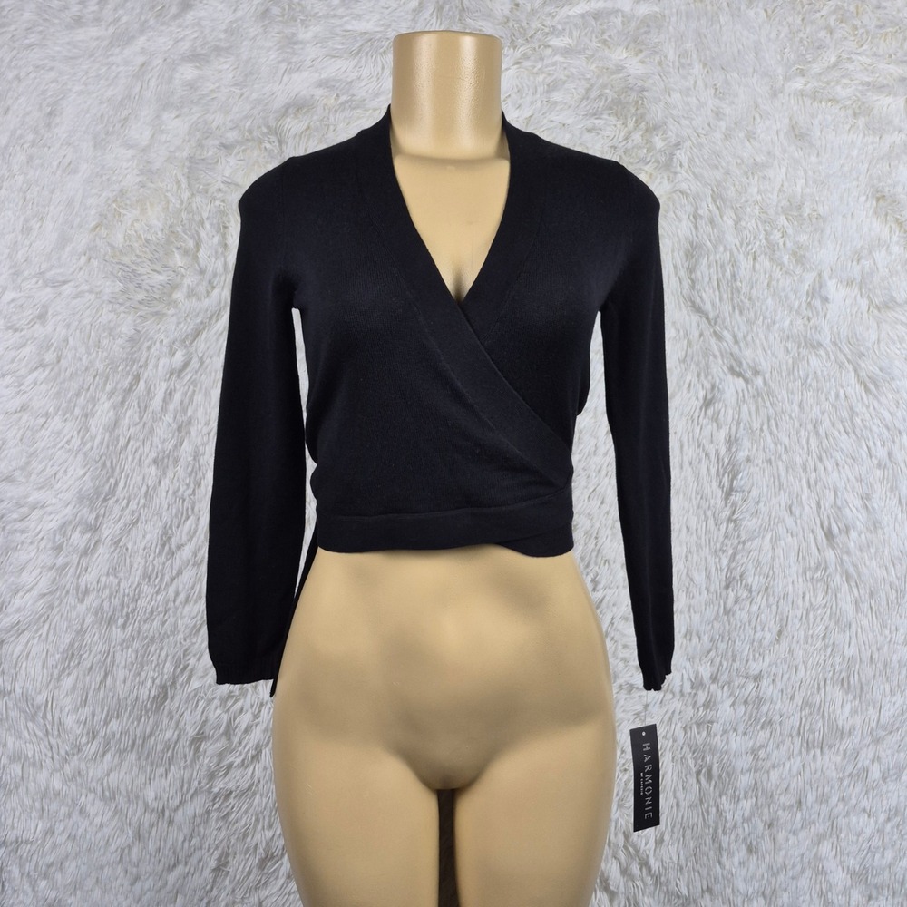 Harmonie Capezio Wrap Sweater Black Knit Cropped Long Sleeve L Ballet Coquette